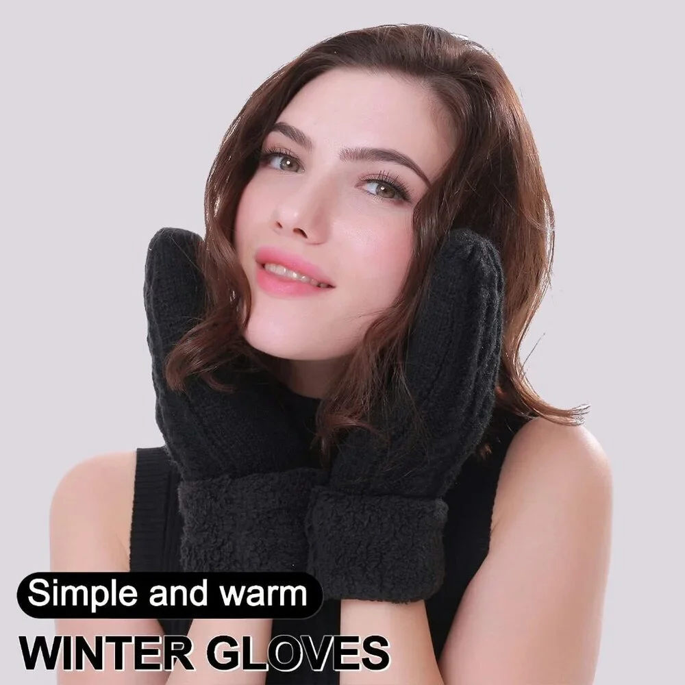 Women's Black Dark Gray Winter Warm Imported Fleece Lining Wool Knit Thick Glove
